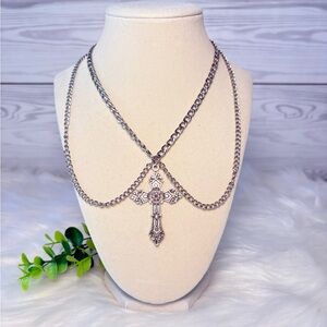Elegant Silver Cross Double Chain Choker Necklace